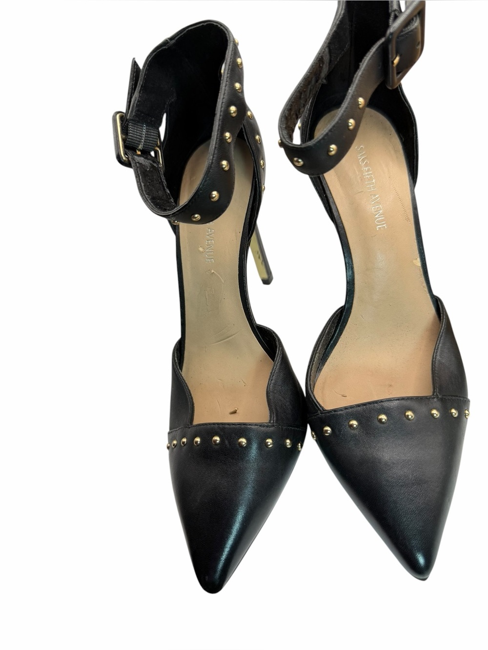 Saks Fifth Avenue Black Studded Ankle-Strap Pointed-Toe Heels - Picture 3 of 8